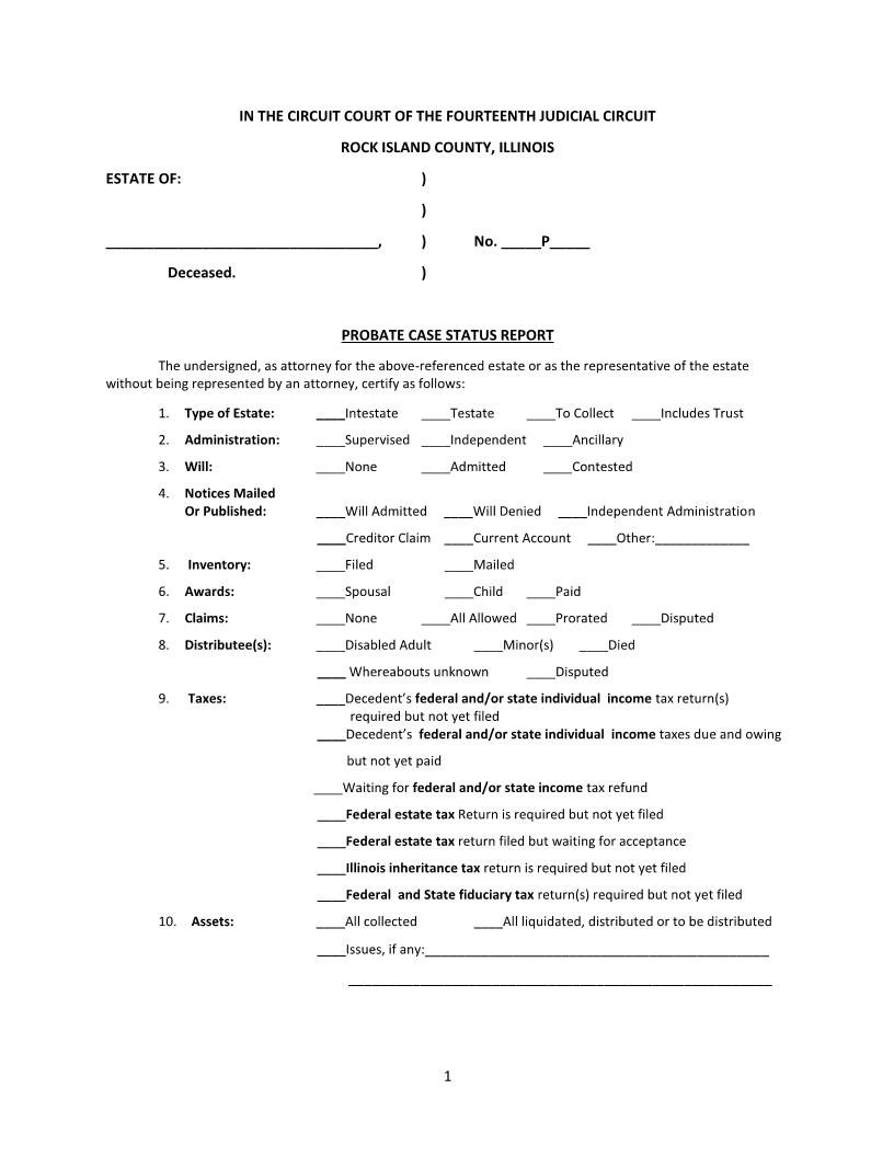 Probate Case Status Report And Order | Pdf Fpdf Docx | Illinois