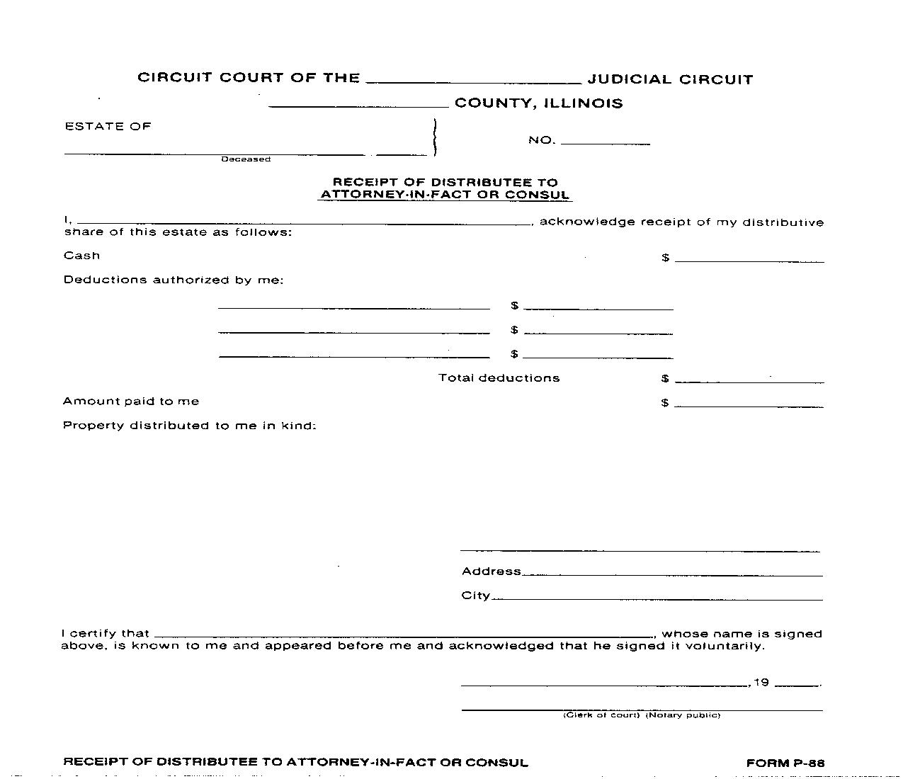 Receipt Of Distributee To Attorney In Fact Or Consul {P-88} | Pdf Fpdf Doc Docx | Illinois