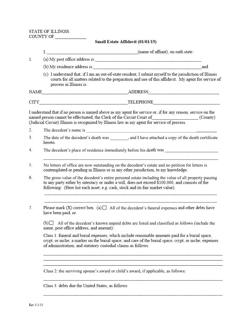 Small Estate Affidavit | Pdf Fpdf Doc Docx | Illinois