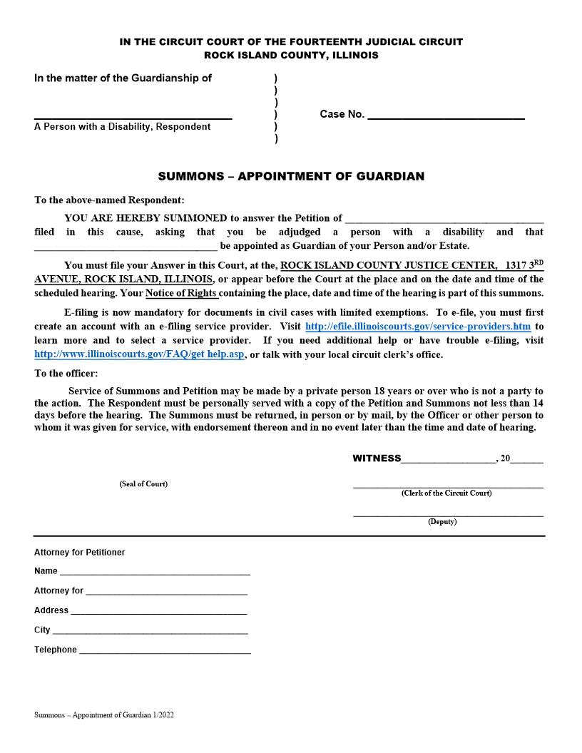 Summons - Appointment Of Guardian (Person With Disability) | Pdf Fpdf Docx | Illinois