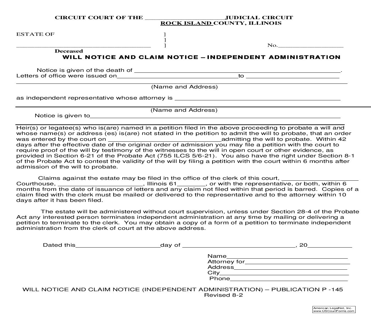 Will Notice And Claim Notice-Independent Administration-Publication {P-145} | Pdf Fpdf Doc Docx | Illinois