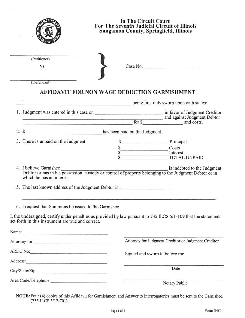 Affidavit For Non Wage Deduction Garnishment | Pdf Fpdf Docx | Illinois