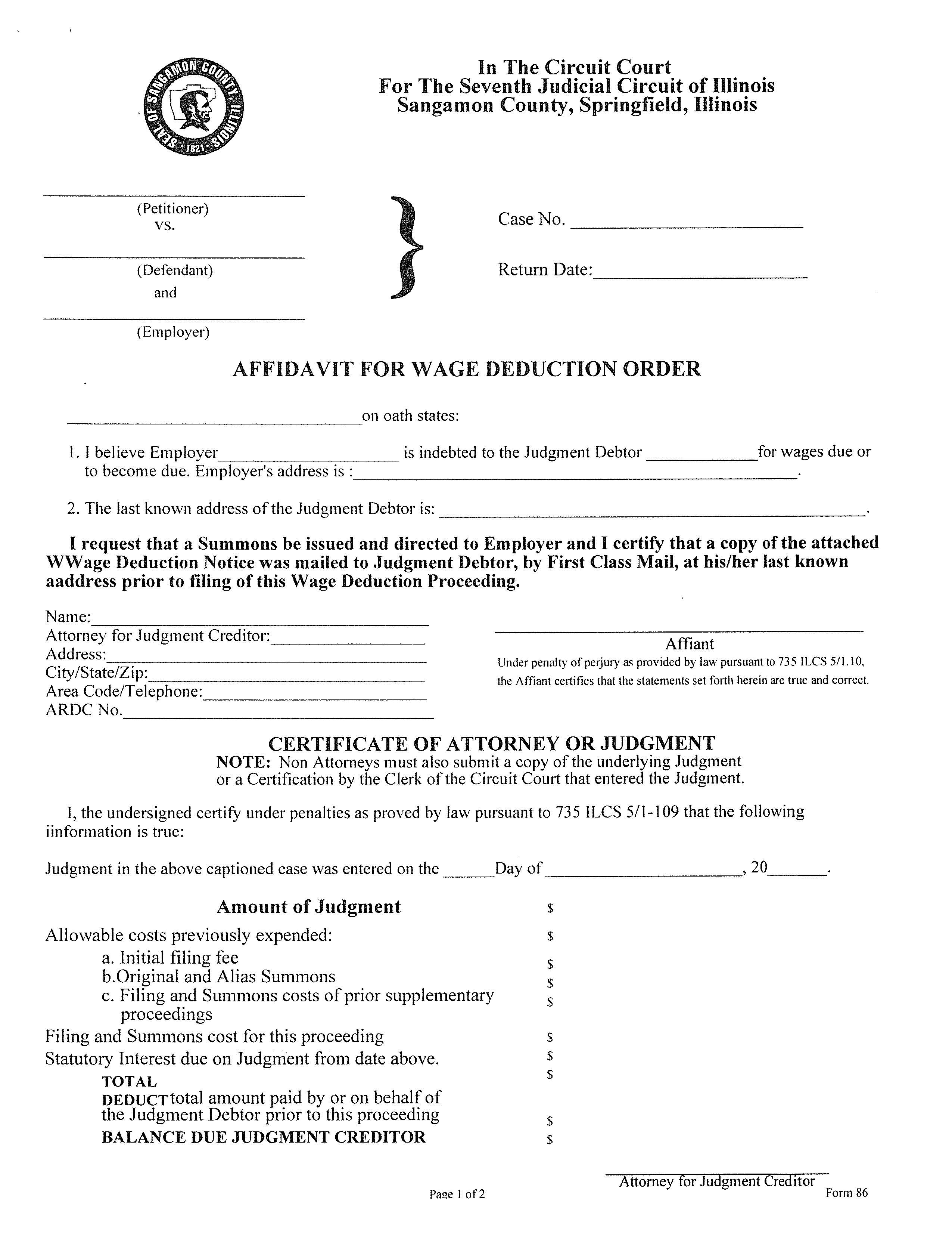 Affidavit For Wage Deduction Order | Pdf Fpdf Docx | Illinois
