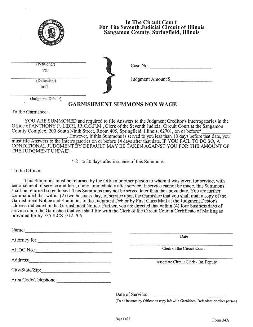 Garnishment Summons Non Wage | Pdf Fpdf Doc Docx | Illinois