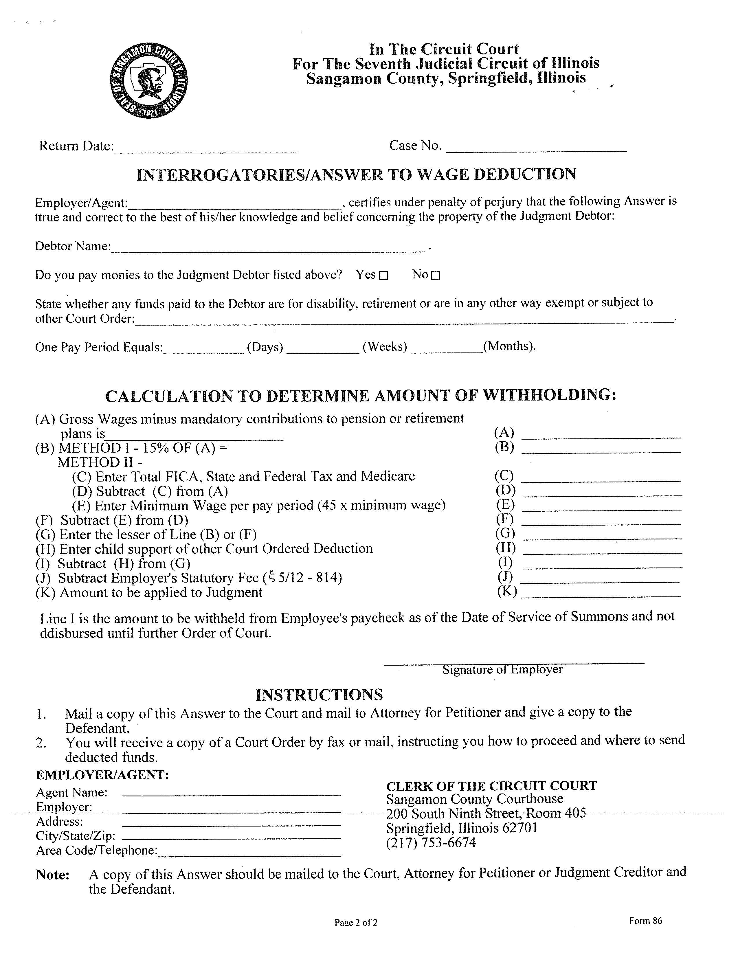 Interrogatories Answer To Wage Deduction | Pdf Fpdf Docx | Illinois