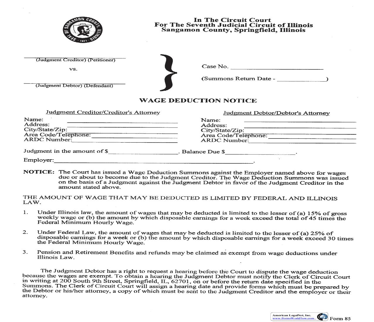 Wage Deduction Notice {85} | Pdf Fpdf Doc Docx | Illinois