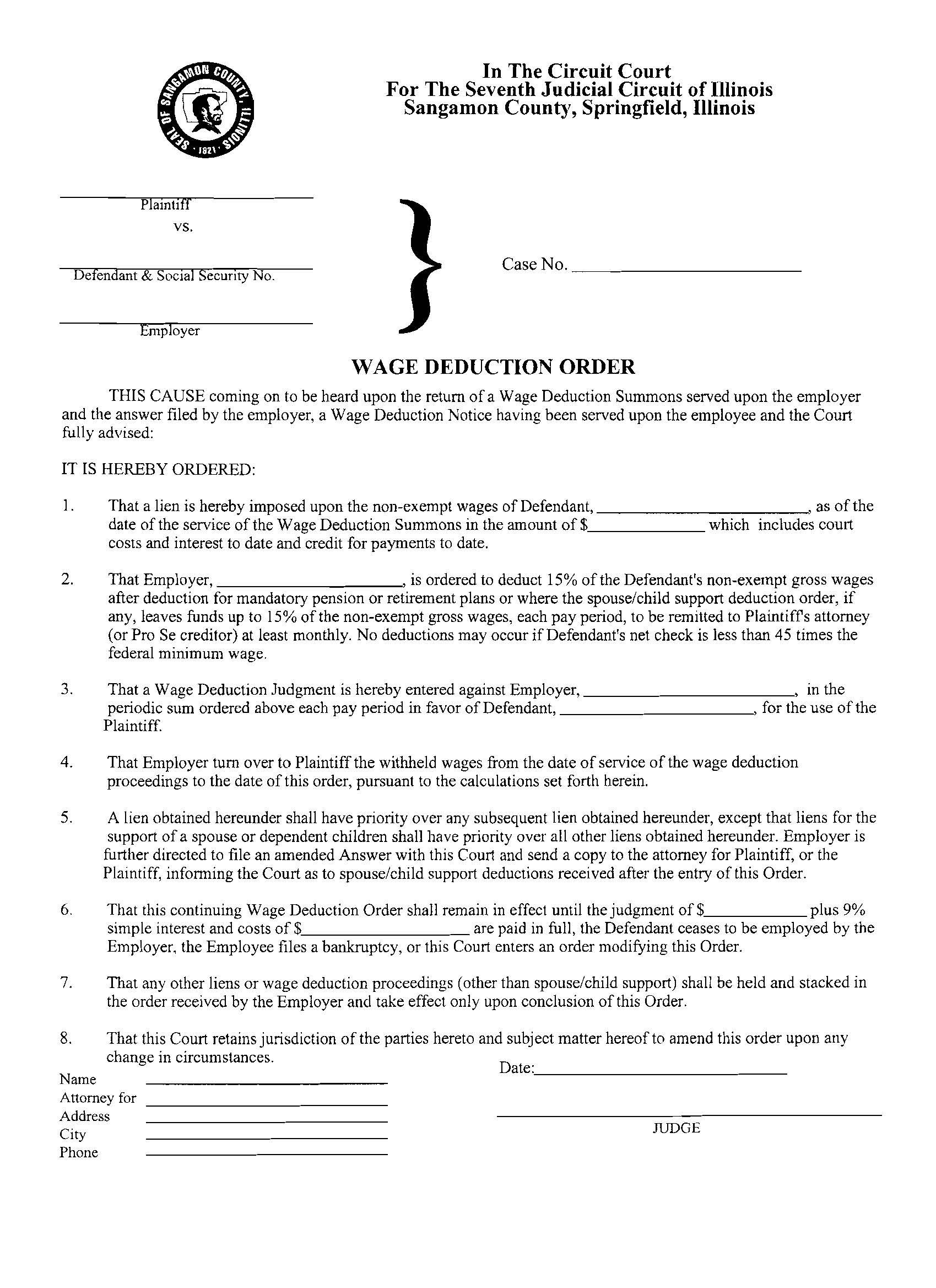 Wage Deduction Order | Pdf Fpdf Doc Docx | Illinois