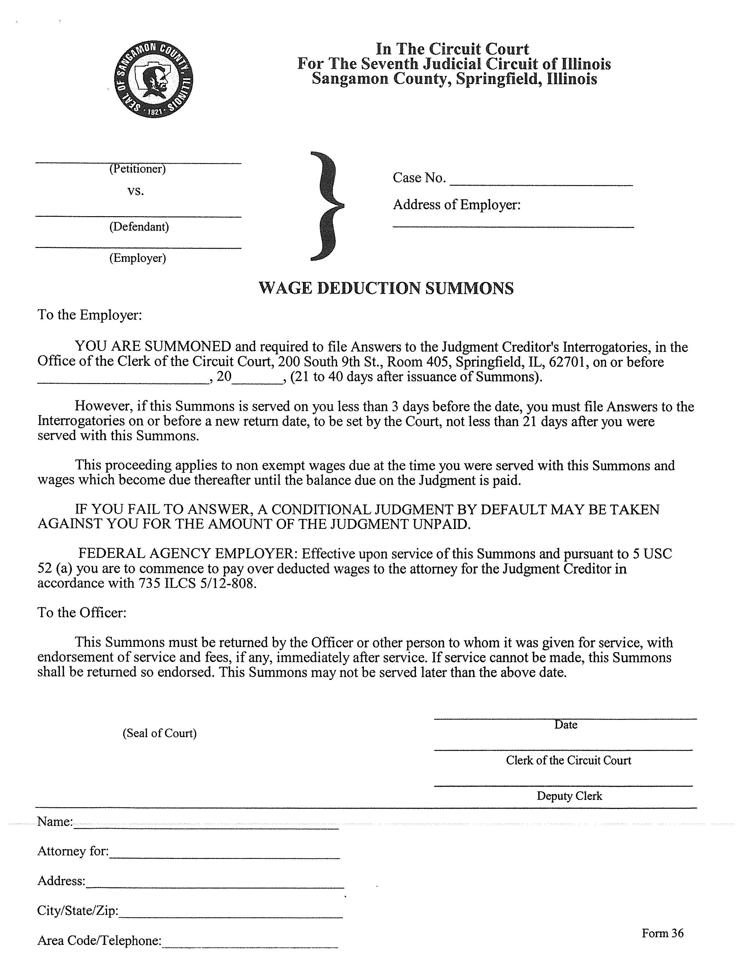 Wage Deduction Summons {36} | Pdf Fpdf Doc Docx | Illinois