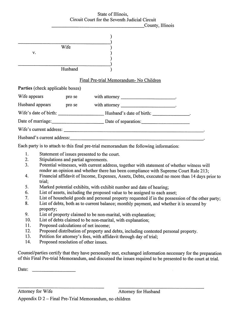 Final Pre-Trial Memorandum - No Children {Appendix D 2} | Pdf Fpdf Docx | Illinois