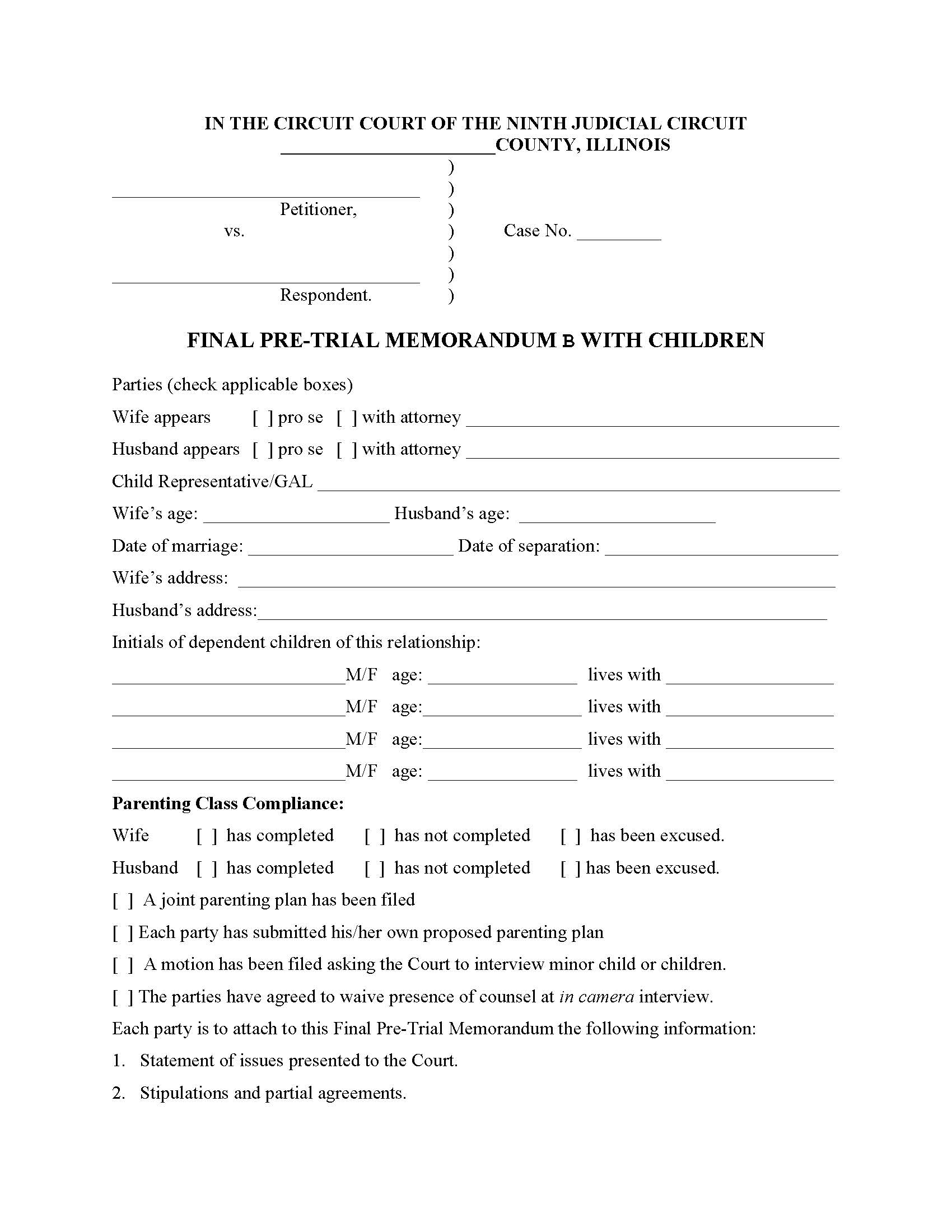 Final Pre-Trial Memorandum B With Children {525} | Pdf Fpdf Docx | Illinois