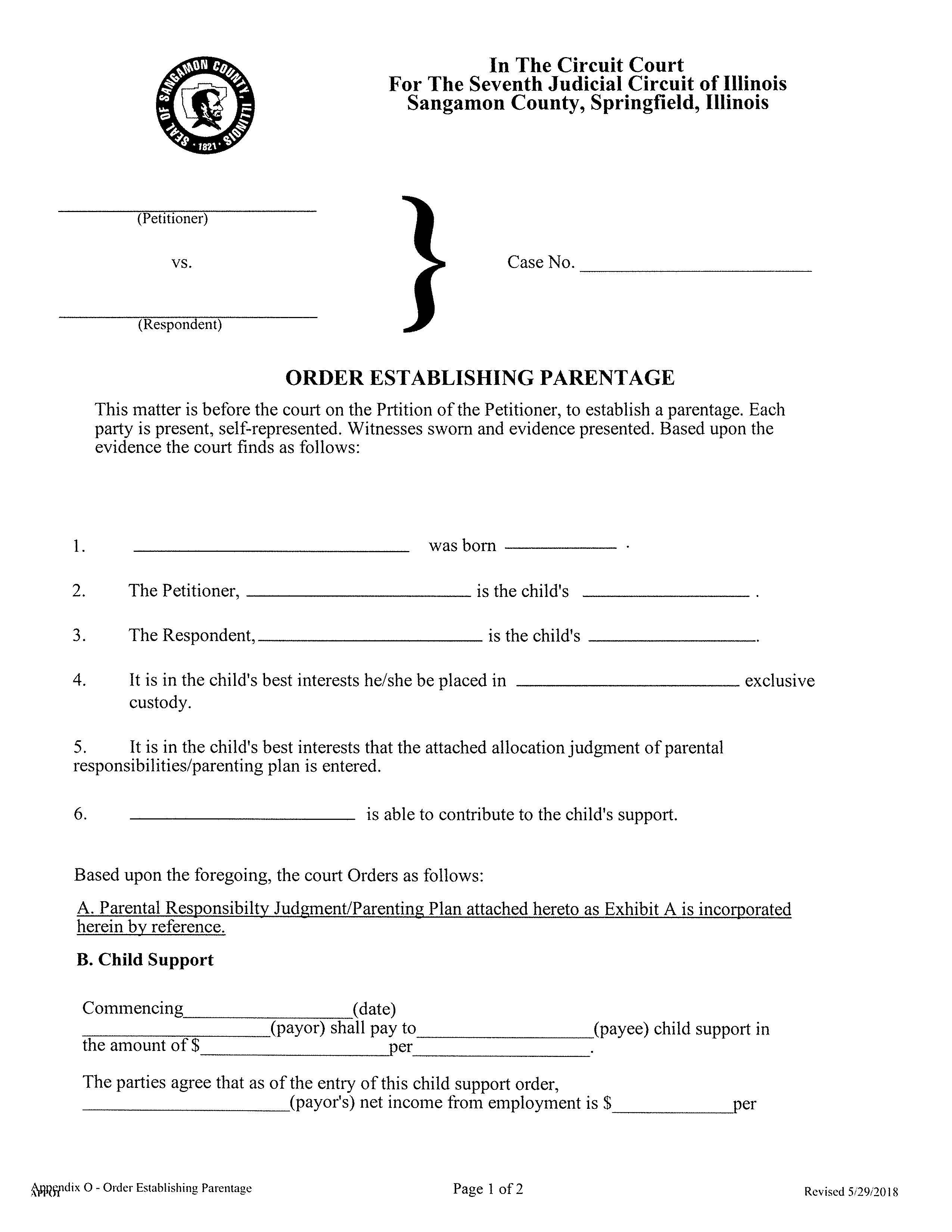 Order Establishing Parentage {Appendix O} | Pdf Fpdf Docx | Illinois