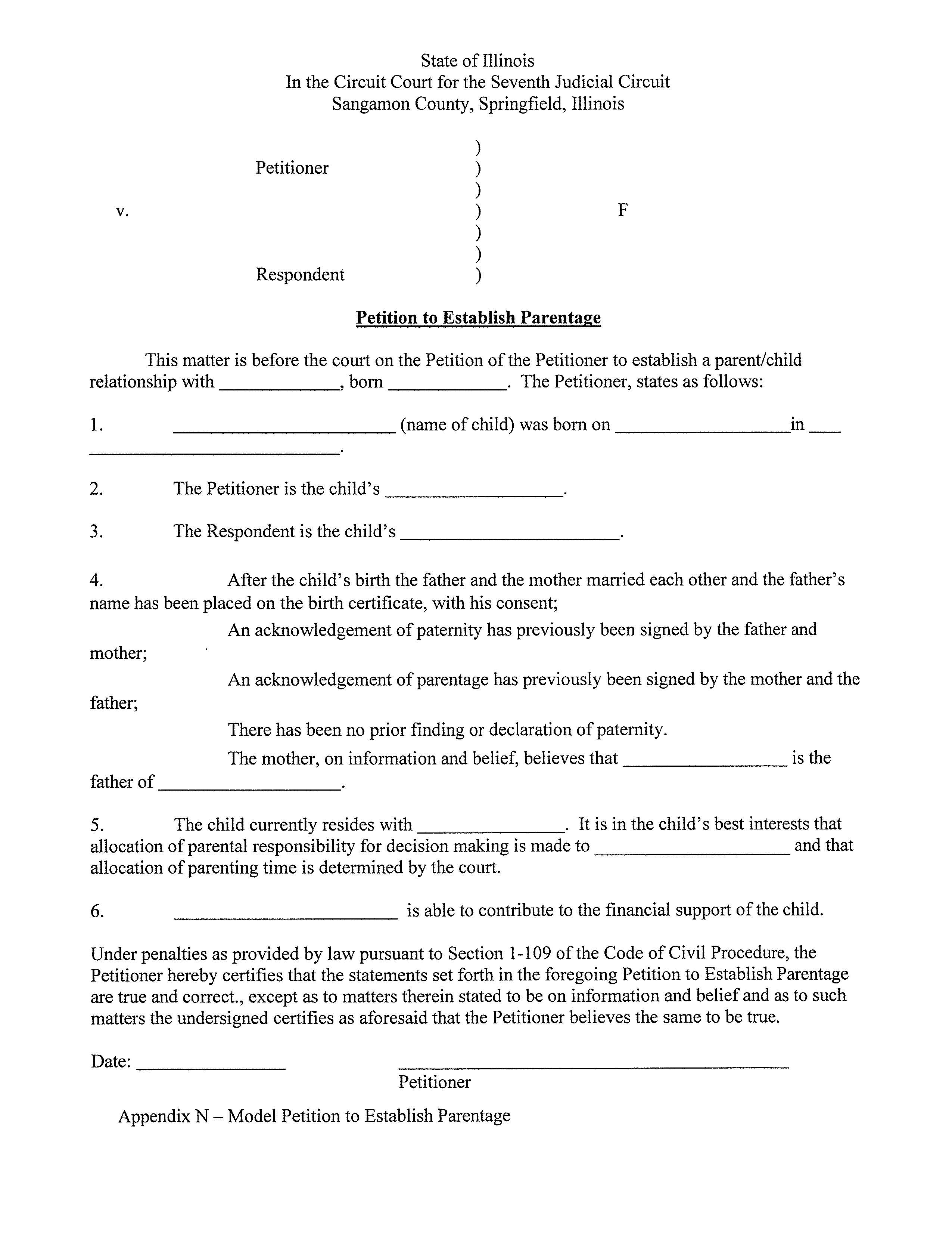 Petition To Establish Parentage {Appendix N} | Pdf Fpdf Docx | Illinois
