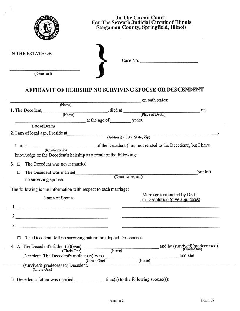 Affidavit Of Heirship No Surviving Spouse Or Descendant | Pdf Fpdf Doc Docx | Illinois