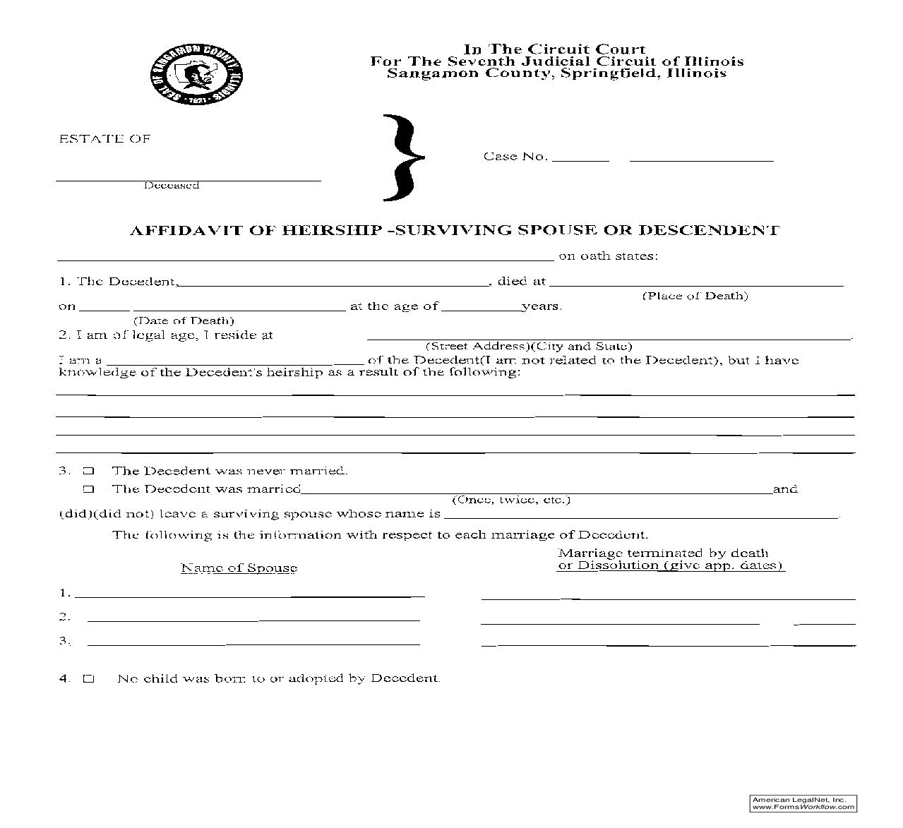 Affidavit Of Heirship Surviving Spouse Or Descendant | Pdf Fpdf Doc Docx | Illinois