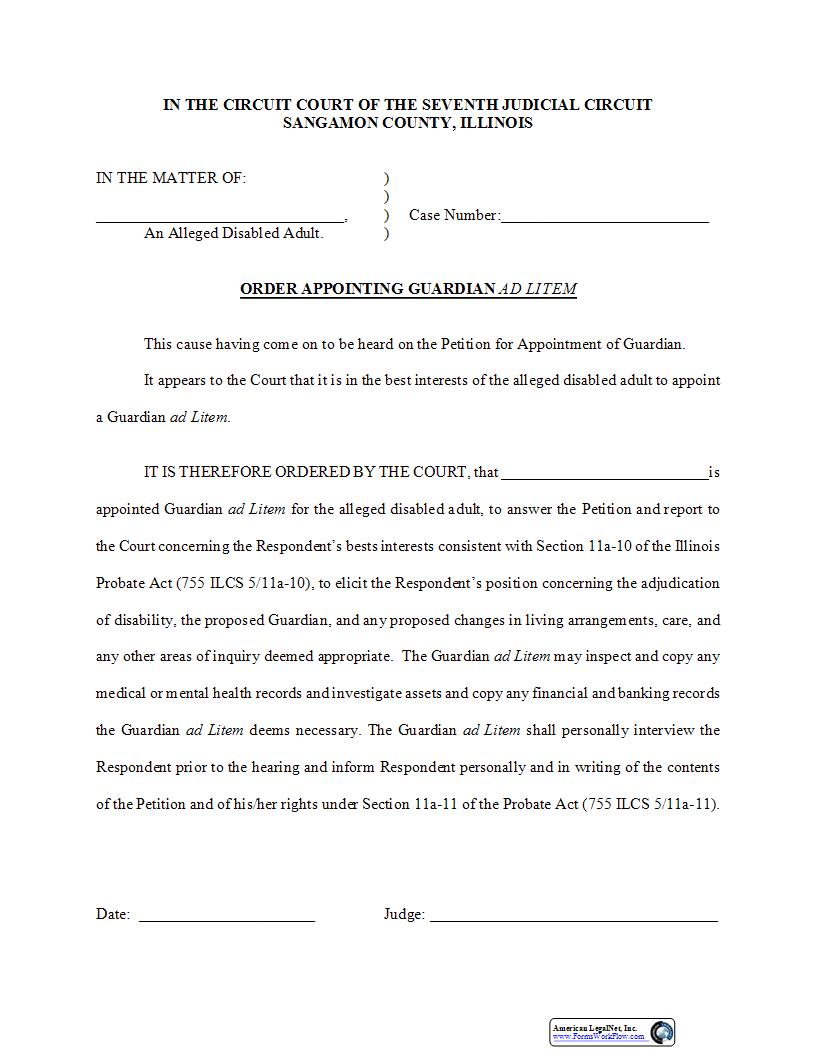 Order Appointing Guardian Ad Litem | Pdf Fpdf Docx | Illinois