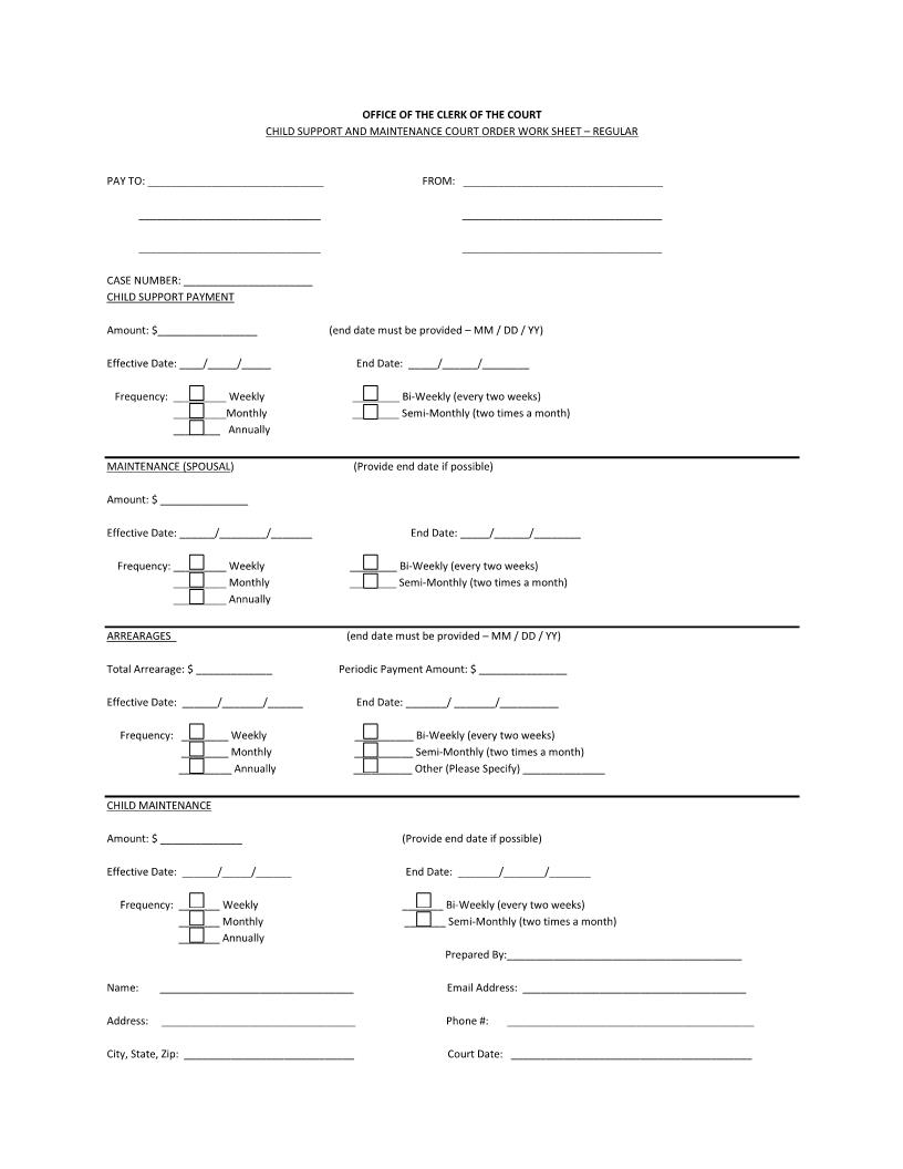 Child Support And Maintenance Court Order Worksheet | Pdf Fpdf Docx | Illinois