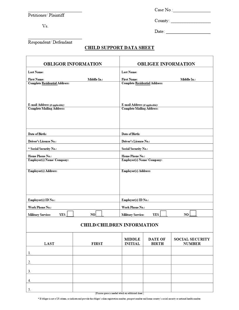 Child Support Data Sheet | Pdf Fpdf Doc Docx | Illinois