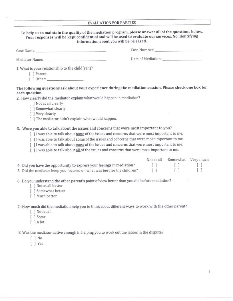 Evaluation For Parties (Mediation) | Pdf Fpdf Docx | Illinois