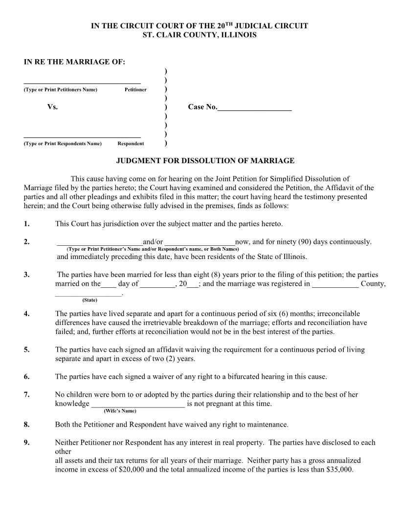 Judgment For Dissolution Of Marriage | Pdf Fpdf Docx | Illinois