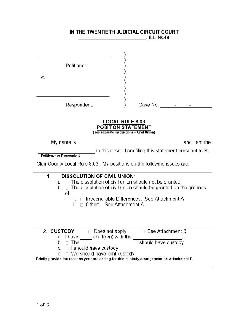 Local Rule 8.03 Position Statement (Dissolution Of Civil Union) | Pdf Fpdf Docx | Illinois