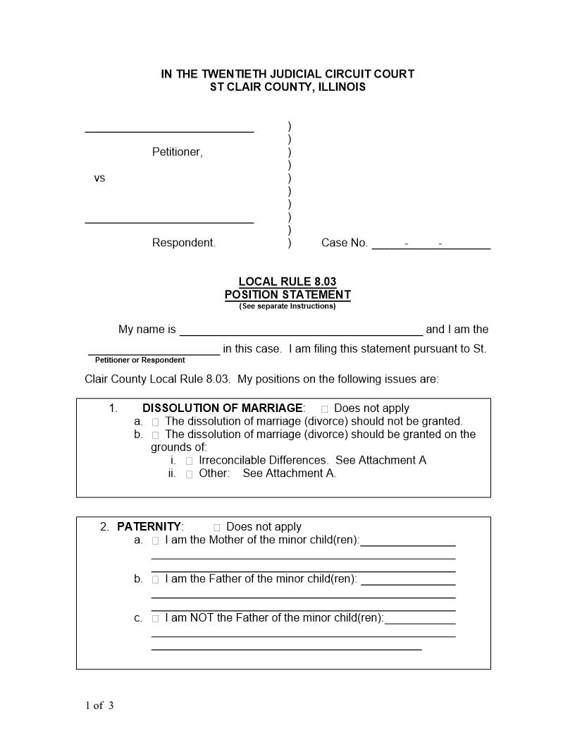 Local Rule 8.03 Position Statement (Dissolution Of Marriage) | Pdf Fpdf Docx | Illinois