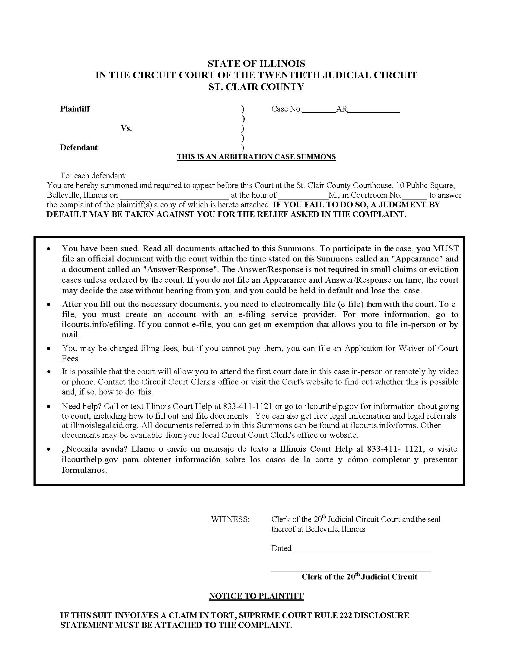 Arbitration Case Summons | Pdf Fpdf Docx | Illinois
