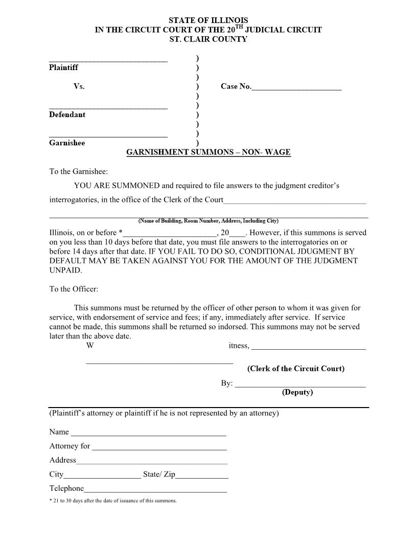 Garnishment Summons - Non-Wage | Pdf Fpdf Doc Docx | Illinois