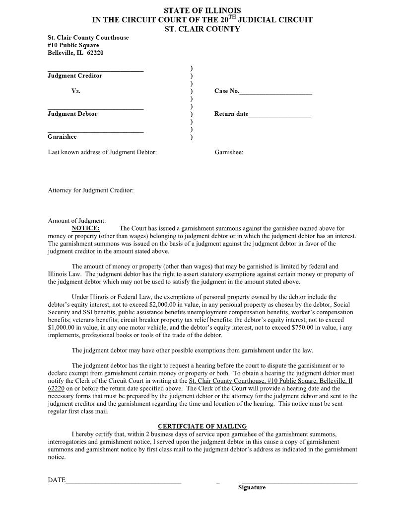Non-Wage Garnishment Notice | Pdf Fpdf Docx | Illinois