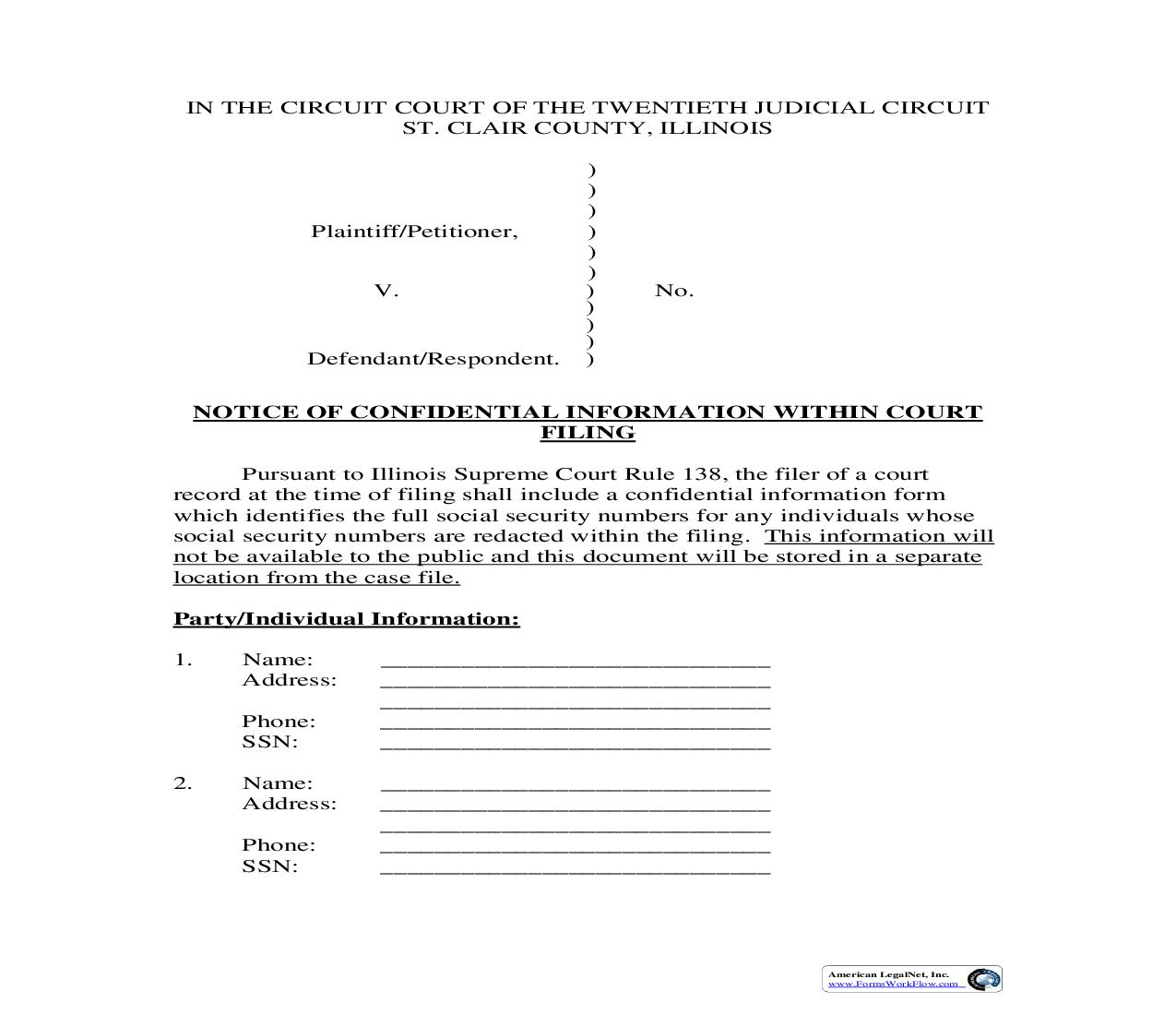 Notice Of Confidential Information Within Court Filing | Pdf Fpdf Doc Docx | Illinois
