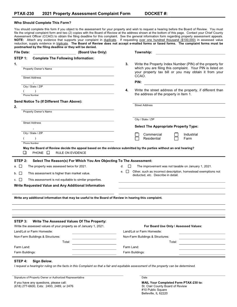 Property Tax Assessment Complaint (St Clair) {PTAX-230} | Pdf Fpdf Docx | Illinois