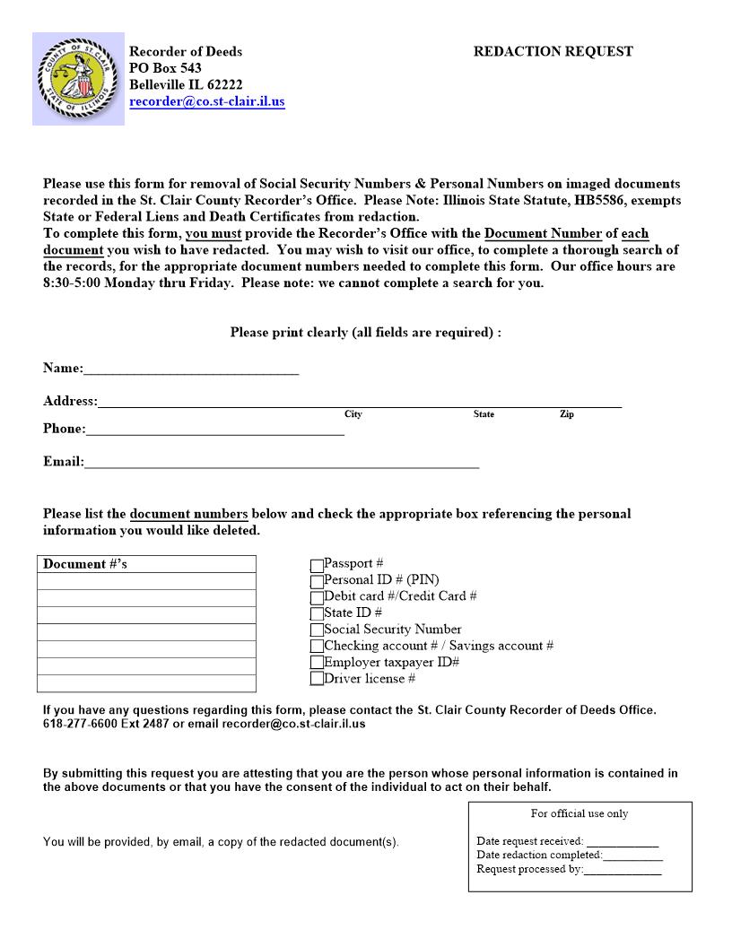 Redaction Request (Recorder) | Pdf Fpdf Docx | Illinois