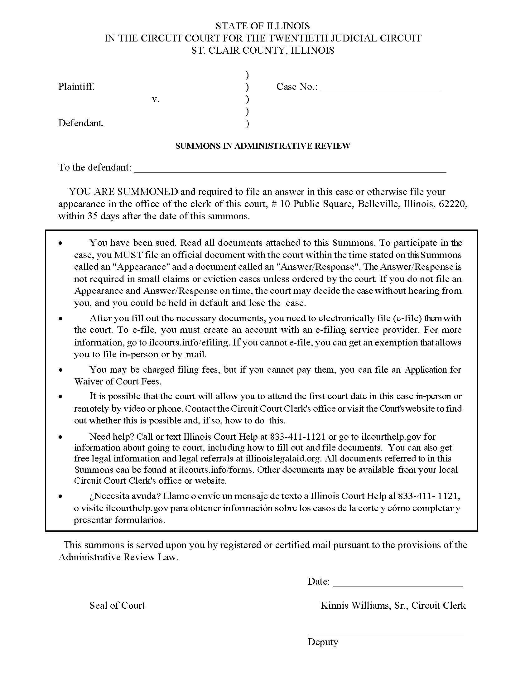 Summons In Administrative Review {STC SAR} | Pdf Fpdf Docx | Illinois