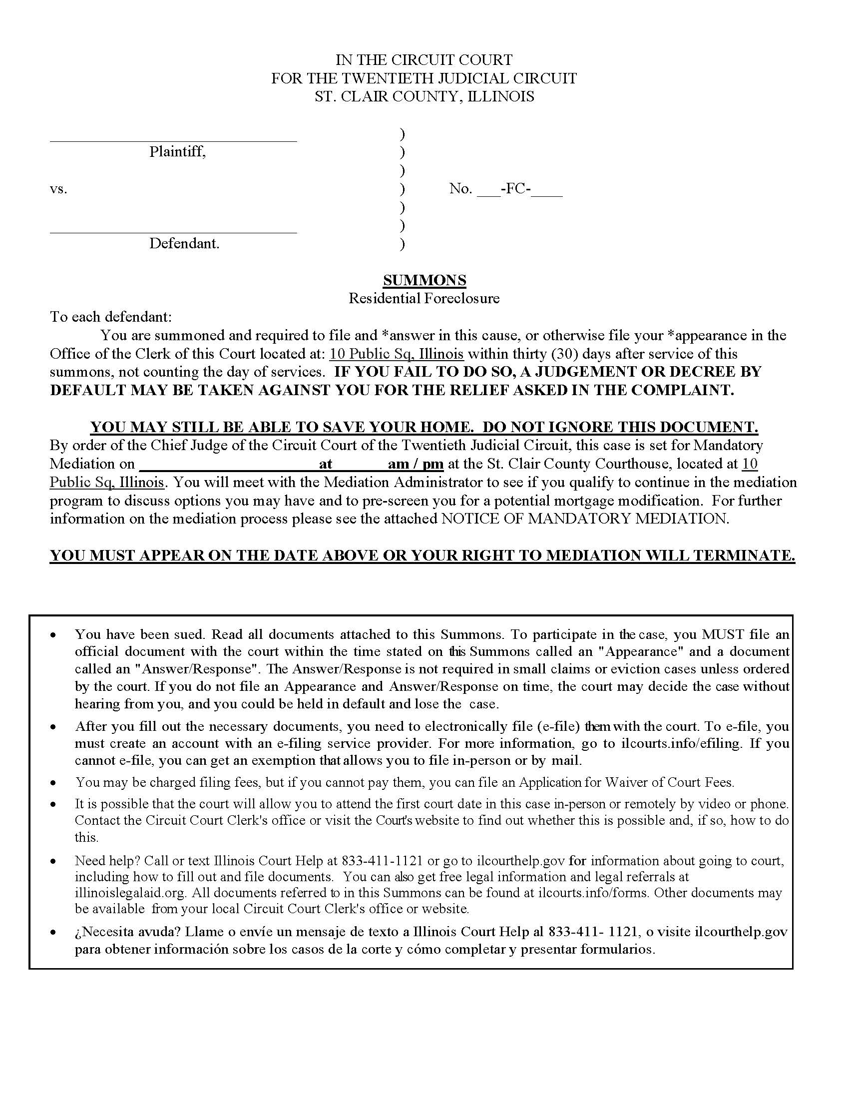 Summons Residential Foreclosure | Pdf Fpdf Docx | Illinois