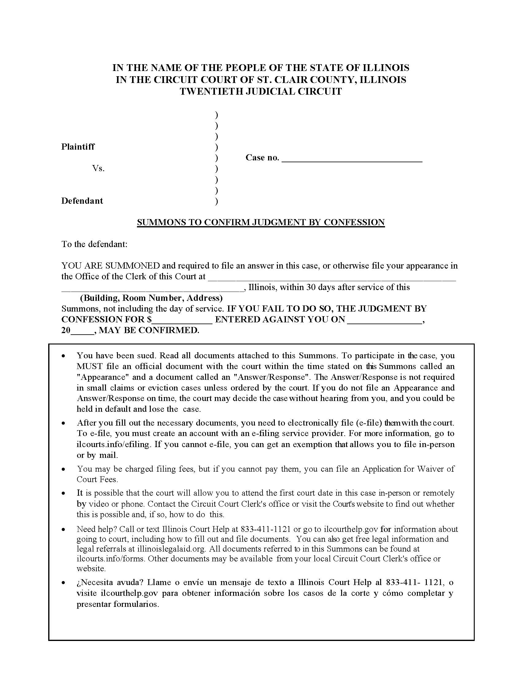 Summons To Confirm Judgment By Confession | Pdf Fpdf Doc Docx | Illinois