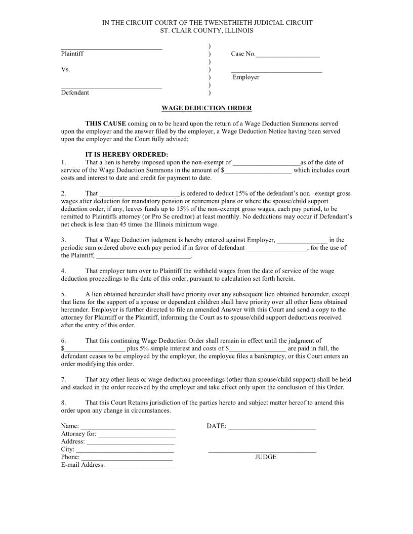 Wage Deduction Order | Pdf Fpdf Doc Docx | Illinois
