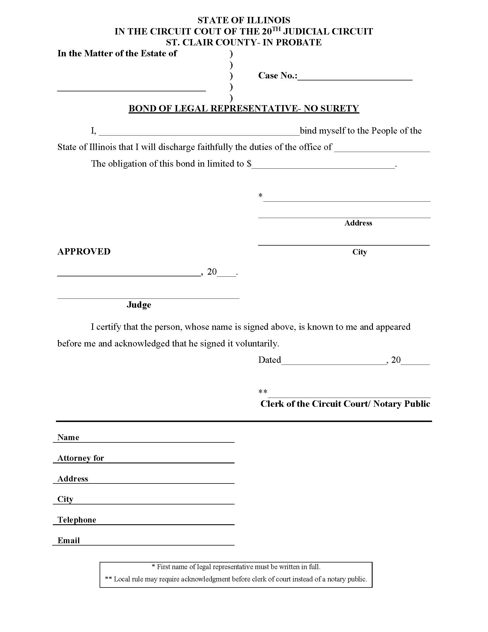 Bond Of Legal Representative - No Surety {STC BLRNS} | Pdf Fpdf Doc Docx | Illinois