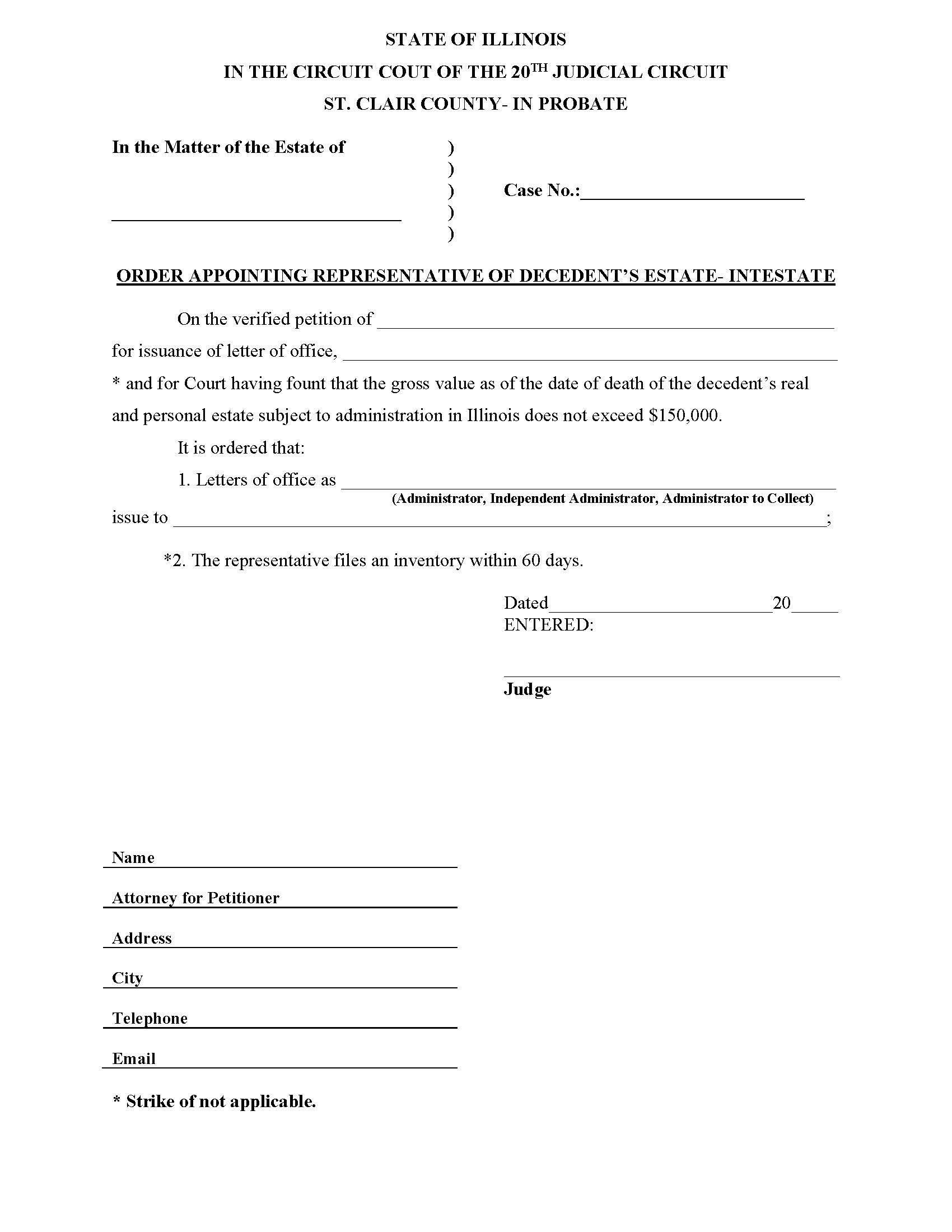 Order Appointing Representative Of Decedents Estate-Intestate {STC OARDE-I} | Pdf Fpdf Doc Docx | Illinois