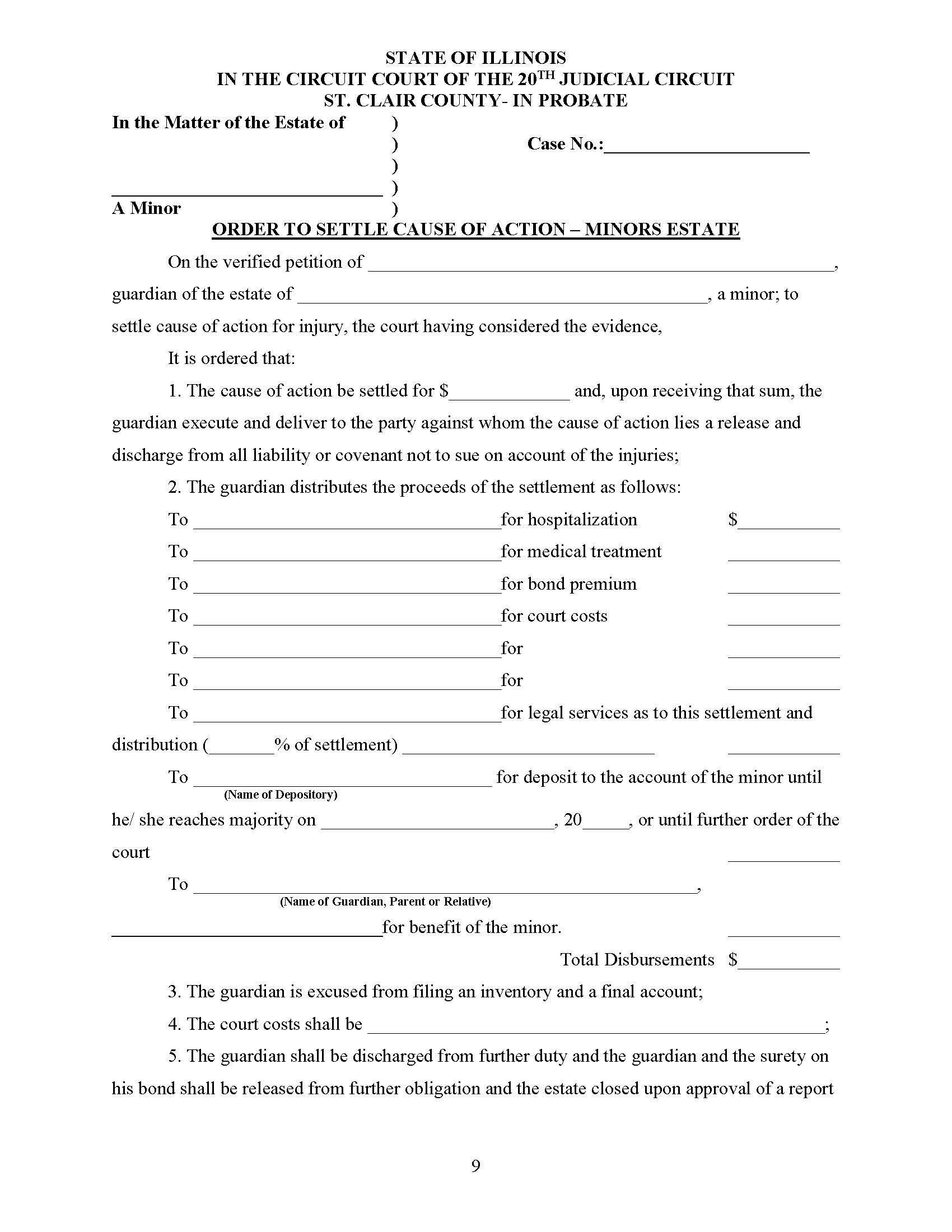 Order To Settle Cause Of Action - Minors Estate | Pdf Fpdf Docx | Illinois