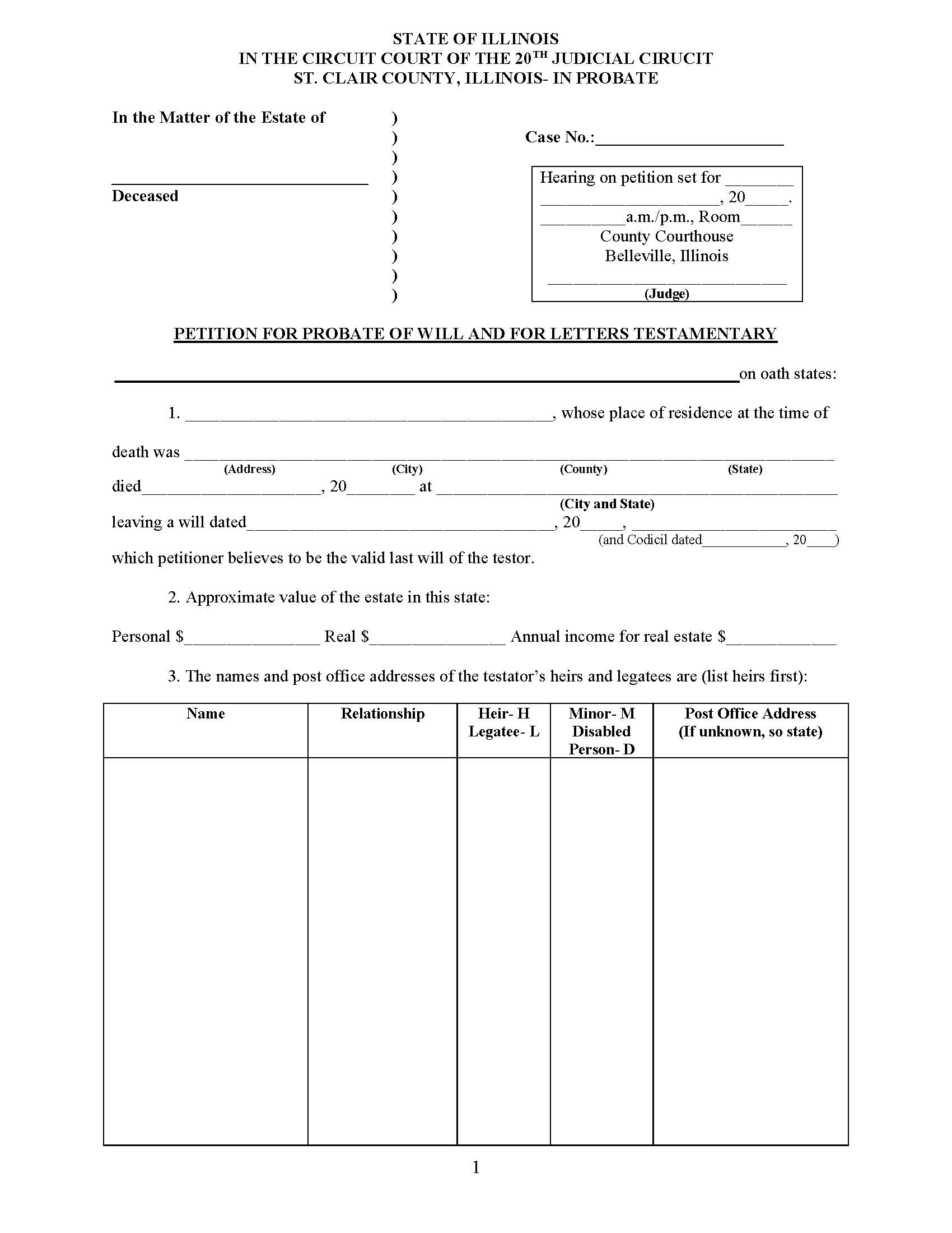 Petition For Probate Of Will And Letters Testamentary | Pdf Fpdf Doc Docx | Illinois