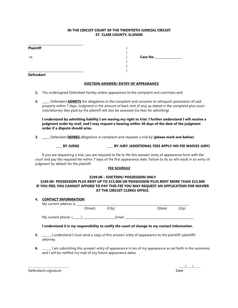 Eviction Answer - Entry Of Appearance | Pdf Fpdf Docx | Illinois