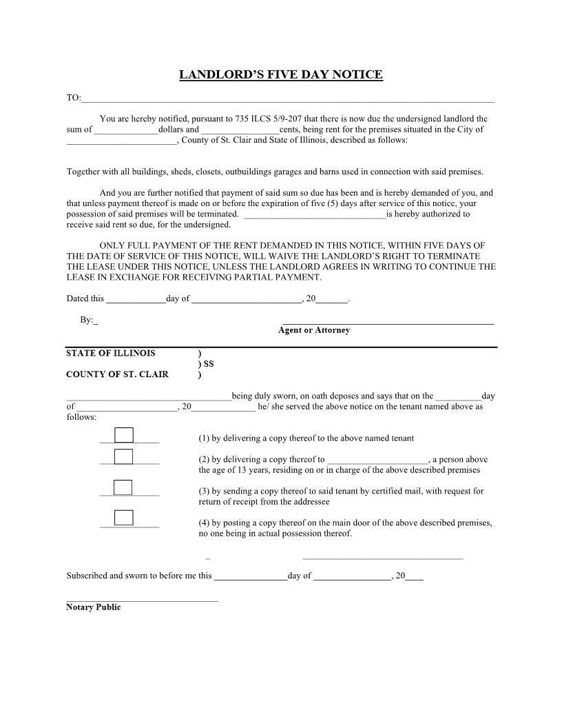 Landlords Five Day Notice | Pdf Fpdf Docx | Illinois