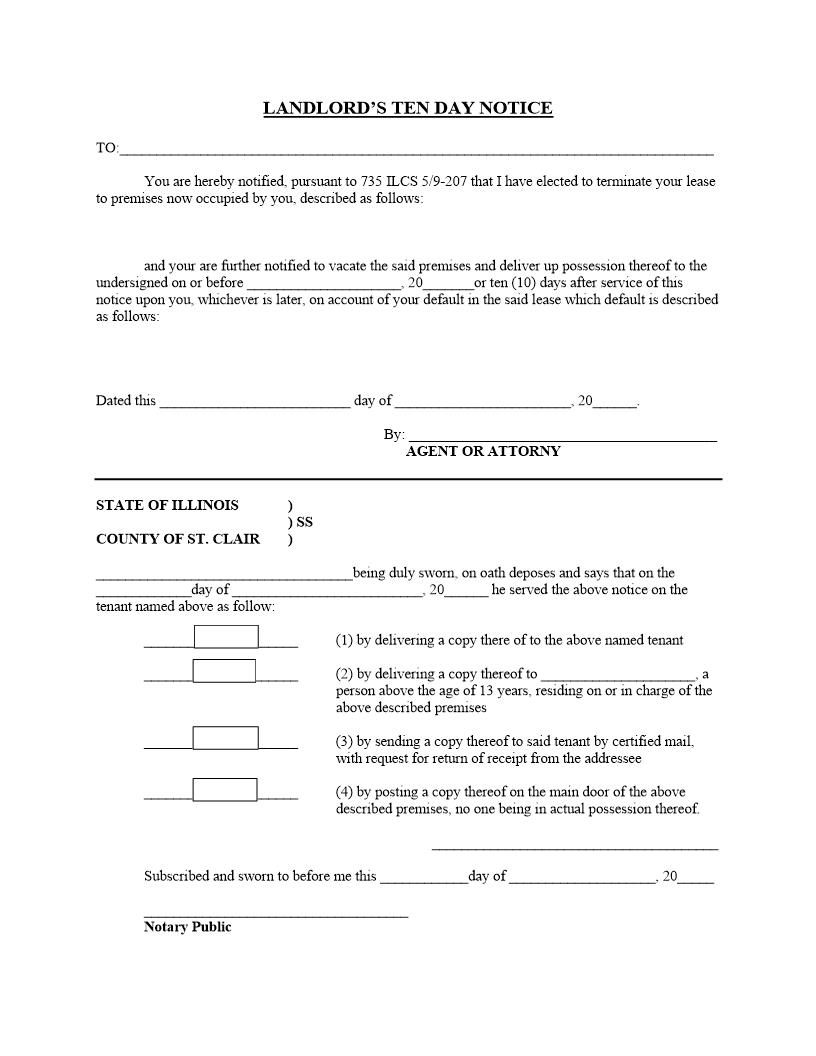 Landlords Ten Day Notice | Pdf Fpdf Docx | Illinois