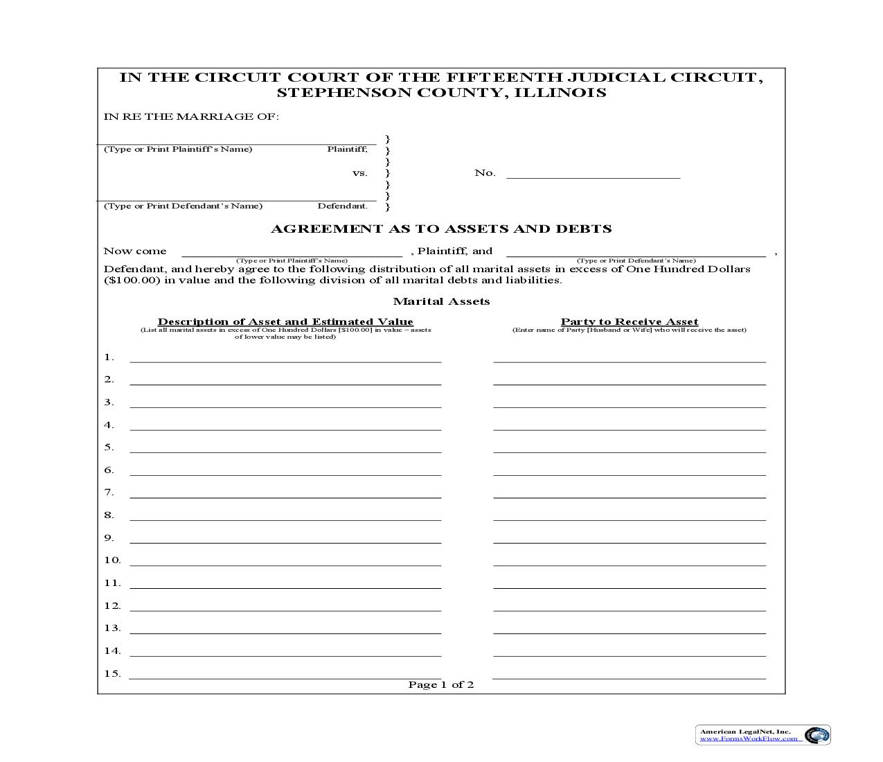 Agreement As To Assets And Debts | Pdf Fpdf Doc Docx | Illinois