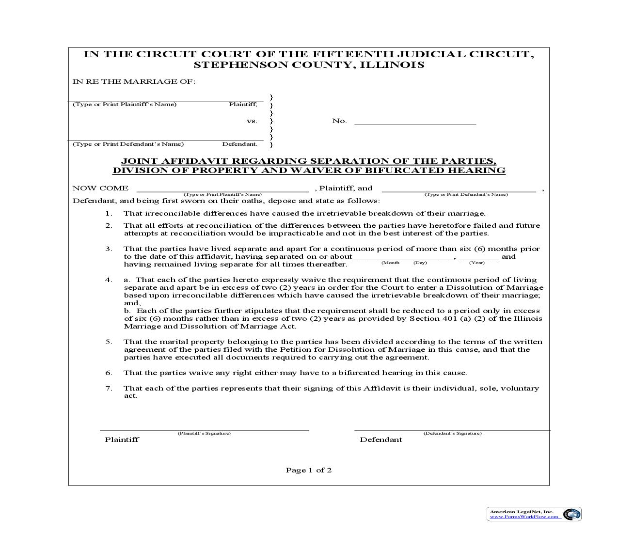 Joint Affidavit Regarding Separation Of The Parties Division Of Property And Waiver Of Bifurcated Hearing | Pdf Fpdf Doc Docx | Illinois