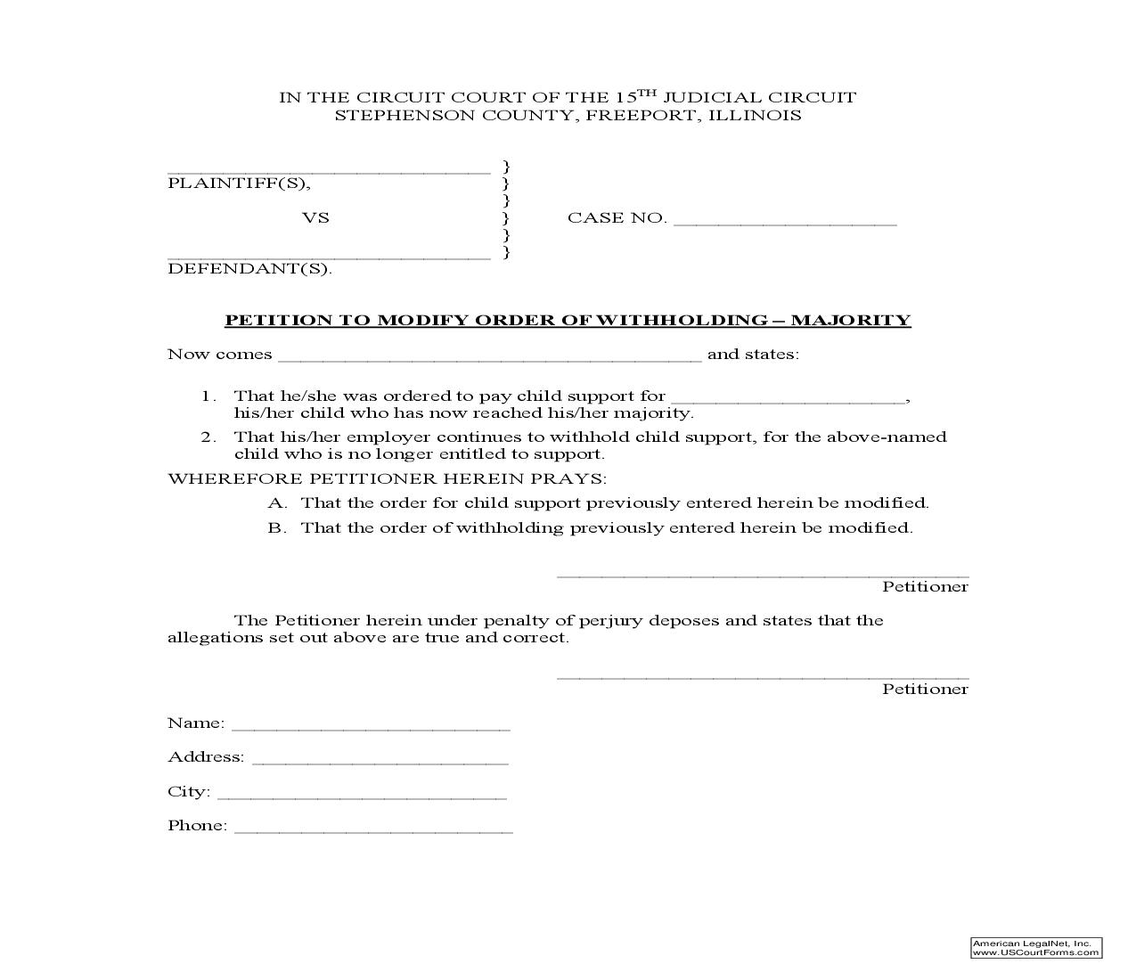 Petition To Modify Order Of Withholding - Majority |  | Illinois