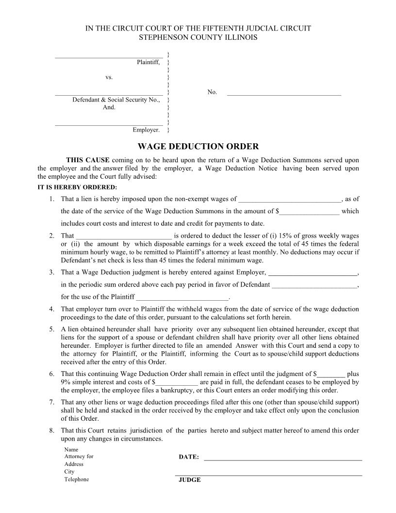 Wage Deduction Order | Pdf Fpdf Doc Docx | Illinois
