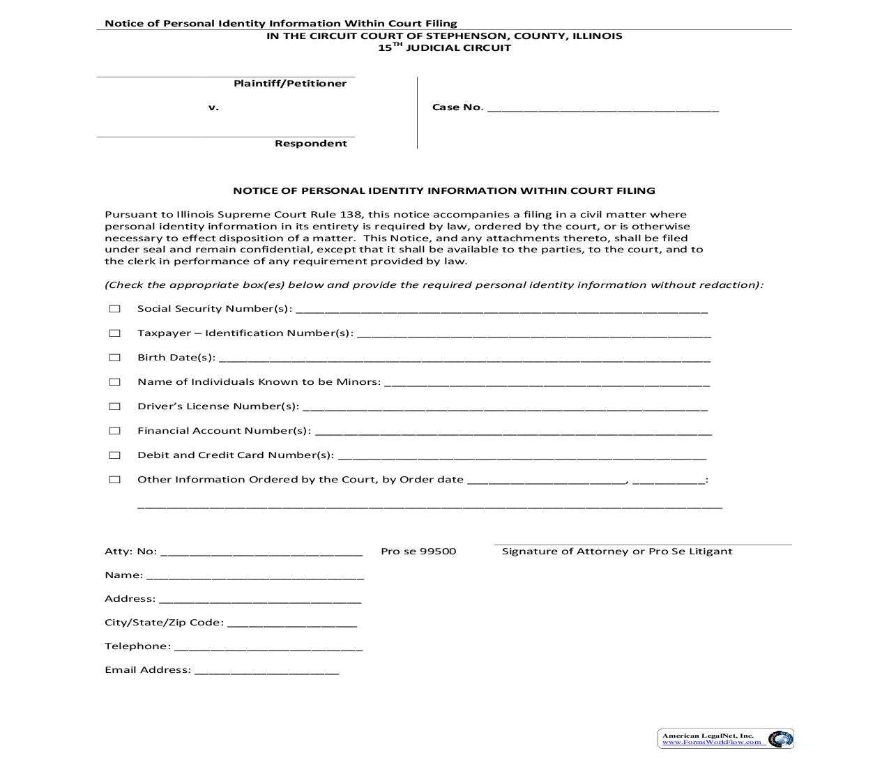 Notice Of Personal Identity Information Within Court Filing | Pdf Fpdf Doc Docx | Illinois