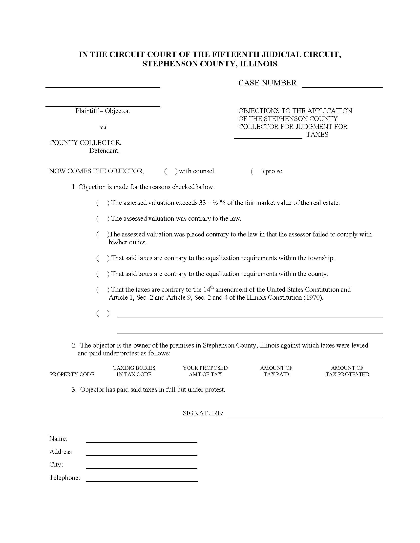 Objections To Application Of County Collector For Judgment For Taxes | Pdf Fpdf Doc Docx | Illinois