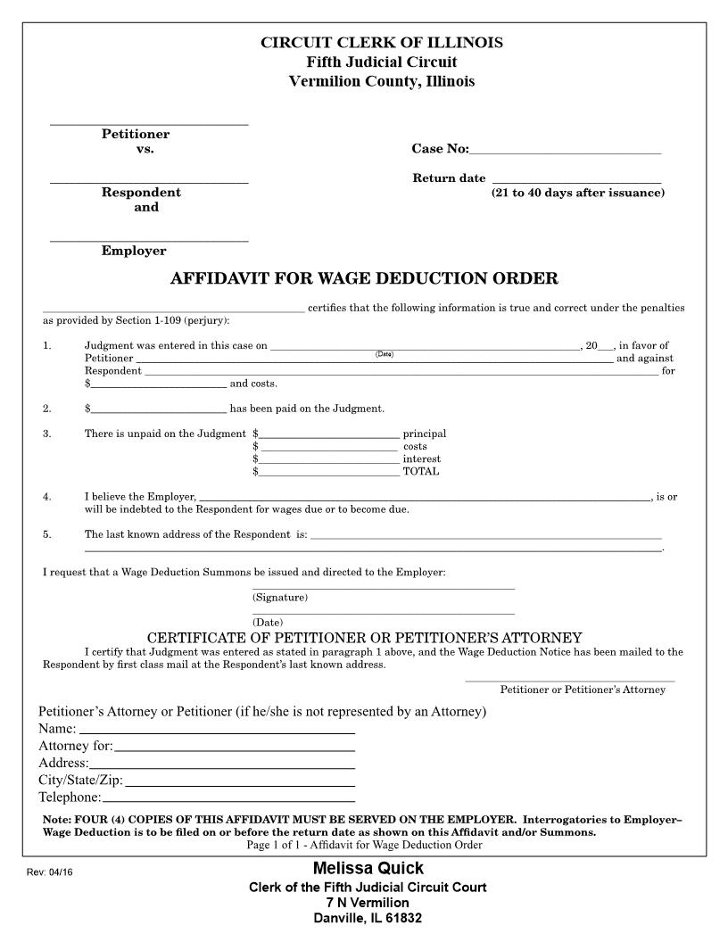 Affidavit For Wage Deduction Order - Interrogatories To Employer | Pdf Fpdf Docx | Illinois