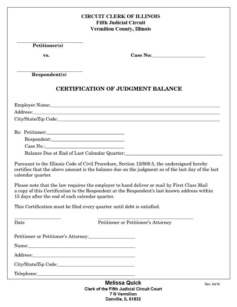 Certification Of Judgement Balance | Pdf Fpdf Docx | Illinois